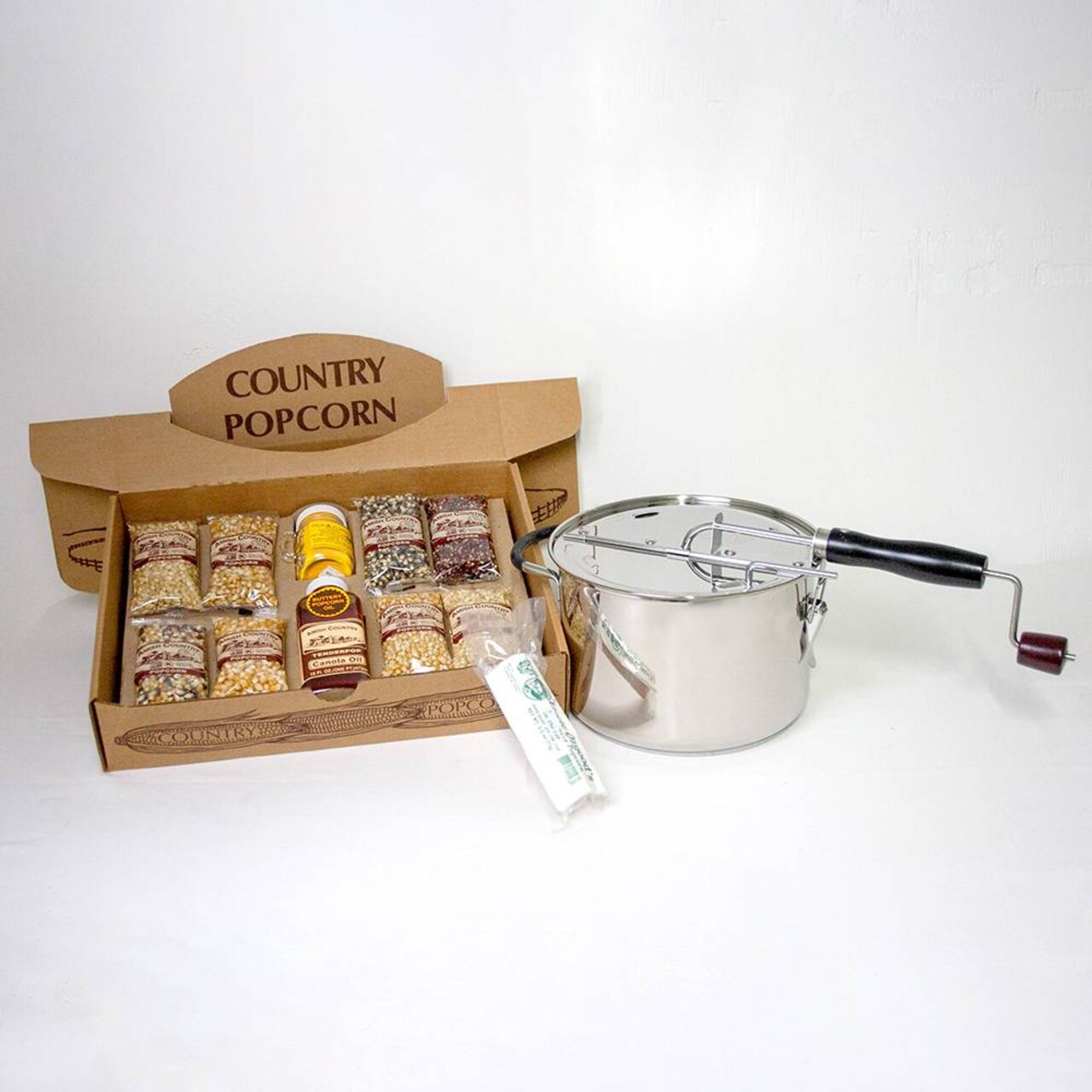 Amish Country Popcorn Complete Gift Set Popper 8 Popcorn Varieties Salt and Oil